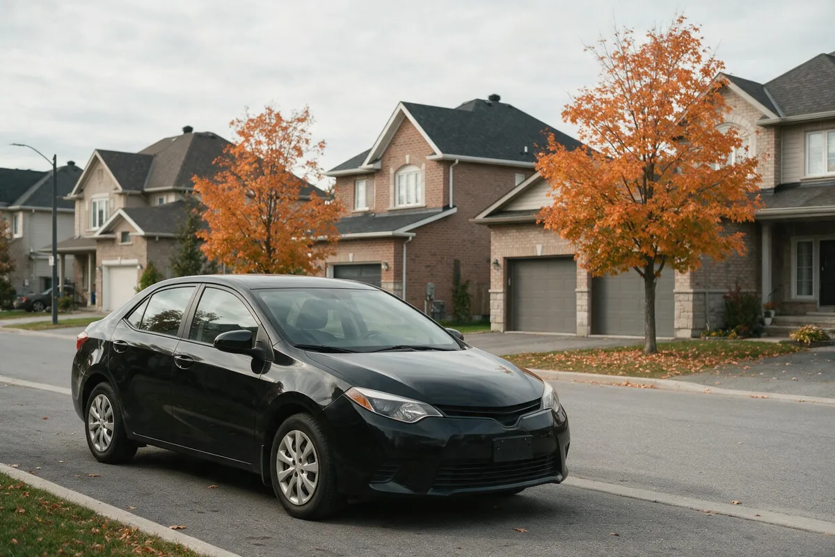 Berline noire de YUL Navette stationnée dans une rue résidentielle, service de taxi à Blainville